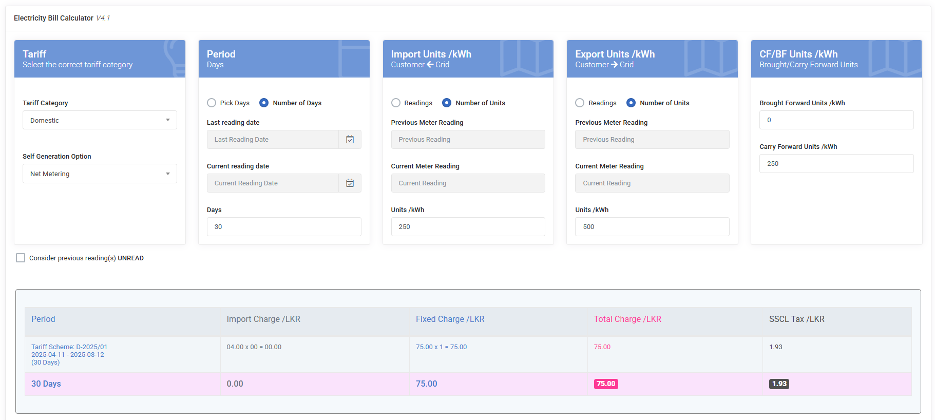 Electricity Bill Calculation in Sri Lanka for a Solar Power System with the Net Metering Plan