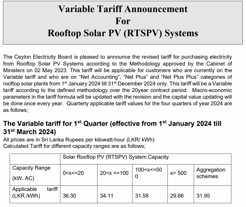 CEB Variable Tariff Scheme for Solar