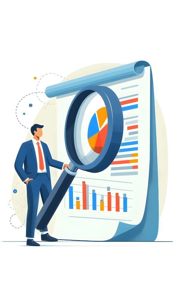 A man looking at a document with a magnifying glass.